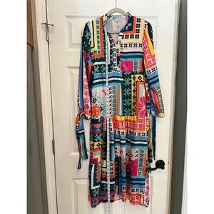 SundayUp Patchwork Midi Dress Multicolor Geometric Floral Boho Tiered Festival
